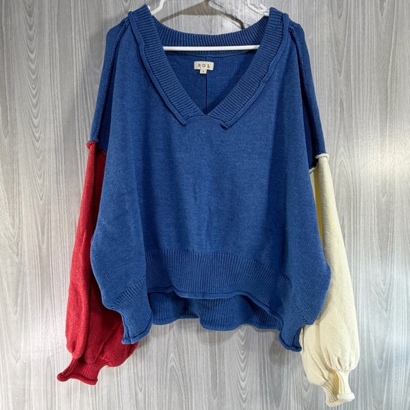 P.O.L. Color Block Exposed Seam Contrast V-Neck Lantern Sleeve Cotton Sweater L - Picture 2 of 8